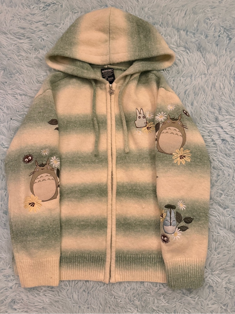 Her Universe Totoro Studio Ghibli Full Zip Knit Hoodie M Green Cream Stripe